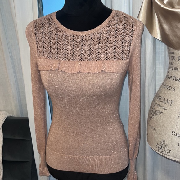 WHBM rose light pink metallic gold silver shimmer longsleeve sweater blouse XXSP - Picture 2 of 15
